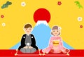 New Year's card for 2024, boy and girl in kimonos greeting the New Year, background of Mt