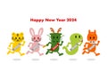 2024 New Year\'s card. Year of the Dragon. Animals running in the relay. Vector illustration.