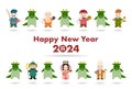 2024 New Year\'s card. Year of the Dragon. Dragon and the seven deities of good luck of Japan. Vector illustration.
