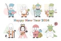 2024 New Year\'s card. Year of the Dragon. Dragon and the seven deities of good luck of Japan. Vector illustration.