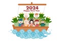 2024 New Year\'s card. Year of the Dragon. Dragon and the seven deities of good luck of Japan. Vector illustration.