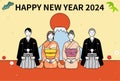 New Year\'s card for 2024, family in kimonos, Mt. Fuji and the first sunrise of the year