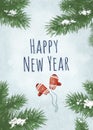 New Year`s card with fir-tree branches, snowflakes, snow, knitted mittens. Hand drawing.