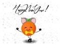 New Year`s card. Fruit orange in a rat costume. Cartoon character. Snow on a blue background. Children`s illustration. Royalty Free Stock Photo