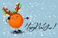 New Year`s card. Fruit orange in a rat costume. Cartoon character. Snow on a blue background. Children`s illustration Royalty Free Stock Photo