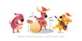 New Year`s card with funny dogs playing musical instruments