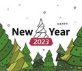 New Year's card with green Christmas trees and a greeting on a white background. Happy New Year vector illustration