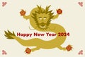 2024 New Year\'s card illustration. A dragon holding four dragon Chinese characters. All four Chinese characters mean dragon