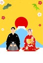 New Year's card for 2024, man and woman greeting the New Year in kimonos, with the first sunrise and Mt. Fuji