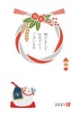 New Year`s card of rice straw wreath and ox figure for year 2021