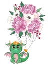 2024 New Year's card template with dragon and flowers