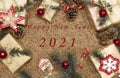 New Year`s card with the text, a New Year`s card with an inscription New year 2021, new year 2021, 2021 gifts on cards, a prompt n