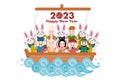 2023 New Year\'s card. Year of the Rabbit. Rabbit and the seven deities of good luck of Japan.