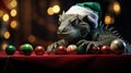 New Year\'s Christmas balls on the billiard table, a young green dragon with a cue in his hand breaks these balls.