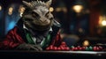 New Year\'s Christmas balls on the billiard table, a young green dragon with a cue in his hand breaks these balls.