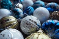 New Year's Christmas balls and decorations close up. A lot of decoration of golden, blue, yellow, white, silver Royalty Free Stock Photo