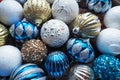 New Year's Christmas balls and decorations close up. A lot of decoration of golden, blue, yellow, white, silver Royalty Free Stock Photo