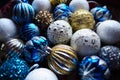 New Year's Christmas balls and decorations close up. A lot of decoration of golden, blue, yellow, white, silver Royalty Free Stock Photo