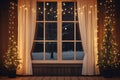 New Year's Christmas decorated window with curtains and garlands. Christmas trees stand on the sides