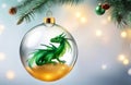 New Year\'s Christmas glass ball with a Chinese green dragon inside hanging on a fir tree branch Royalty Free Stock Photo