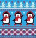 New Year`s Christmas pattern pixel in penguins vector illustration