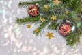 New Year`s, Christmas still life with red balls and gold stars on the background of Christmas tree with bokeh. Close up. Copy spa Royalty Free Stock Photo