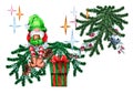 New Year\'s composition. Small forest gnome sits, spruce branch garland, silver bells, w