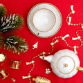 New Year's concept. New Year and Christmas. Table with kettle, cup and spruce branch. Festive concept. Top Royalty Free Stock Photo