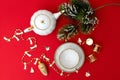 New Year's concept. New Year and Christmas. Table with kettle, cup and spruce branch. Festive concept. Top Royalty Free Stock Photo