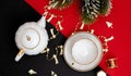 New Year's concept. New Year and Christmas. Table with kettle, cup and spruce branch. Festive concept. Top Royalty Free Stock Photo