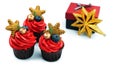 New year`s cupcake with red buttercream, decorated with blueberries, gingerbread snowflake and a sprig of firtree.