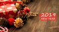 New Year`s Day decoration, balls, fir cones, branches and stars Royalty Free Stock Photo