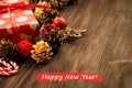 New Year`s Day decoration, balls, fir cones, branches and stars Royalty Free Stock Photo