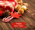 New Year`s Day decoration, balls, fir cones, branches and stars Royalty Free Stock Photo