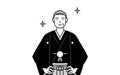 New Year\'s Day and weddings, Senior man wearing Hakama with crest with his hands on his hips