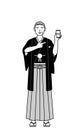 New Year\'s Day and weddings, Senior man wearing Hakama with crest recommending cashless online payments on a smartphone