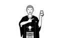 New Year\'s Day and weddings, Senior man wearing Hakama with crest recommending cashless online payments on a smartphone