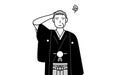 New Year\'s Day and weddings, Senior man wearing Hakama with crest scratching his head in distress