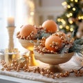 New Year\'s decor with candles and Christmas decorations in apricot crush color. Jewelry in delicate shades for the holiday