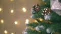 New Year`s decor in the room with a Christmas tree, a fireplace and gifts, there is noise in the video