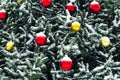 New Year\'s decoration balls on a snowy branch. Christmas tree toy on the branches of spruce covered with snow. Blue shiny balloon