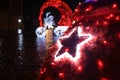 New Year`s decorations close-up, beautifully decorated street