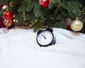 New Year's eve background with a clock under a Christmas tree decorated with Christmas toys. Royalty Free Stock Photo