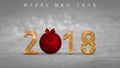 2018 New Year`s eve card, illustration with golden, glitter numbers, red Christmas ball and Happy New Year text Royalty Free Stock Photo