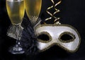 New Year`s Eve carnival mask and champagne Royalty Free Stock Photo