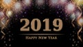 2019 New Year`s eve celebration card with colorful fireworks, confetti, ribbons Royalty Free Stock Photo