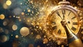 New Year\'s Eve celebration with champagne and clock on bokeh background Royalty Free Stock Photo