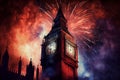 New Year's Eve Celebrations in the City - Big Ben Tower Lit up with Fireworks Display. Generative AI Royalty Free Stock Photo