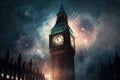 New Year's Eve Celebrations in the City - Big Ben Tower Lit up with Fireworks Display. Generative AI Royalty Free Stock Photo