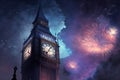 New Year's Eve Celebrations in the City - Big Ben Tower Lit up with Fireworks Display. Generative AI Royalty Free Stock Photo